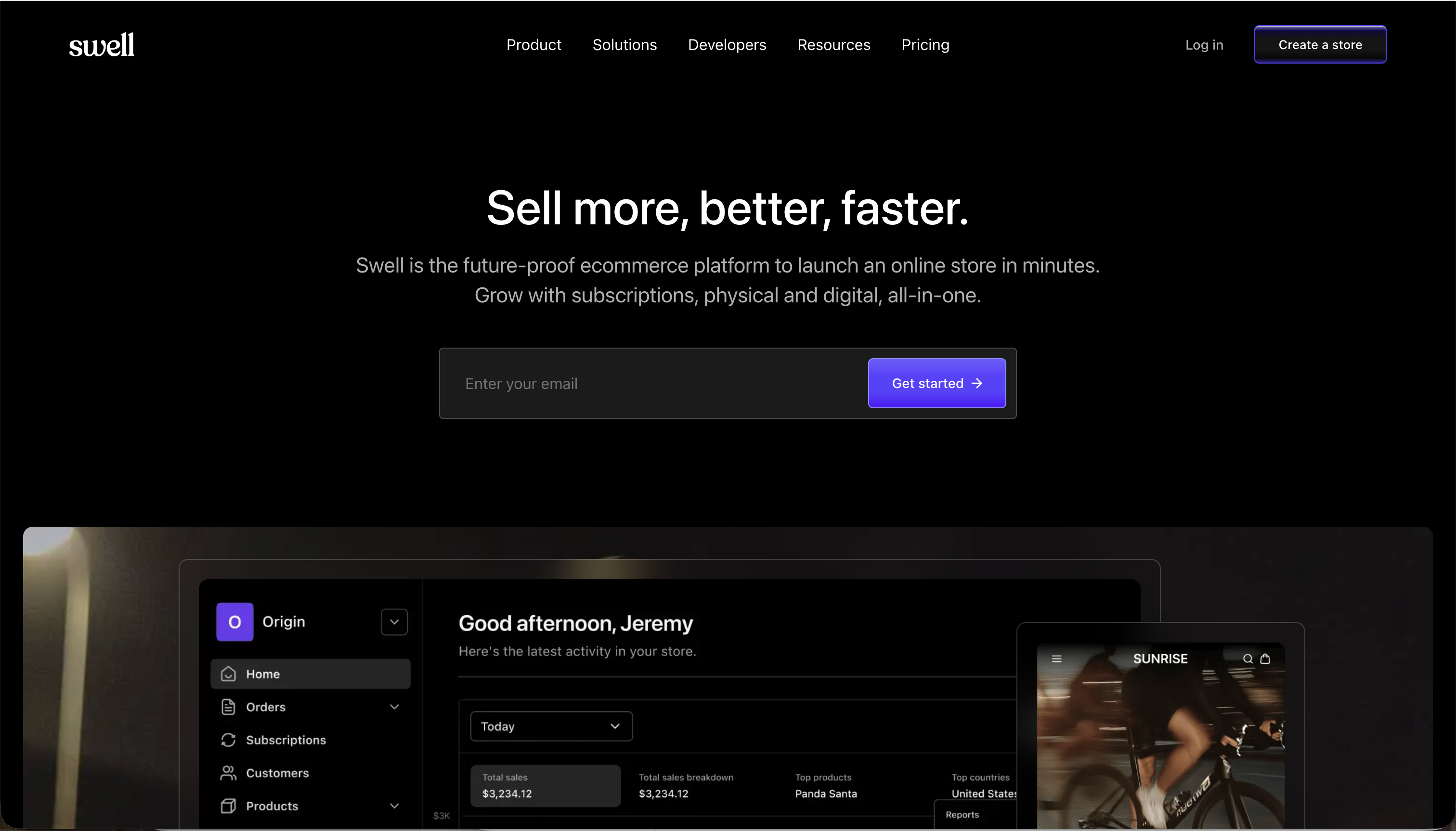 Swell ecommerce platform landing page with dashboard view and call to action.