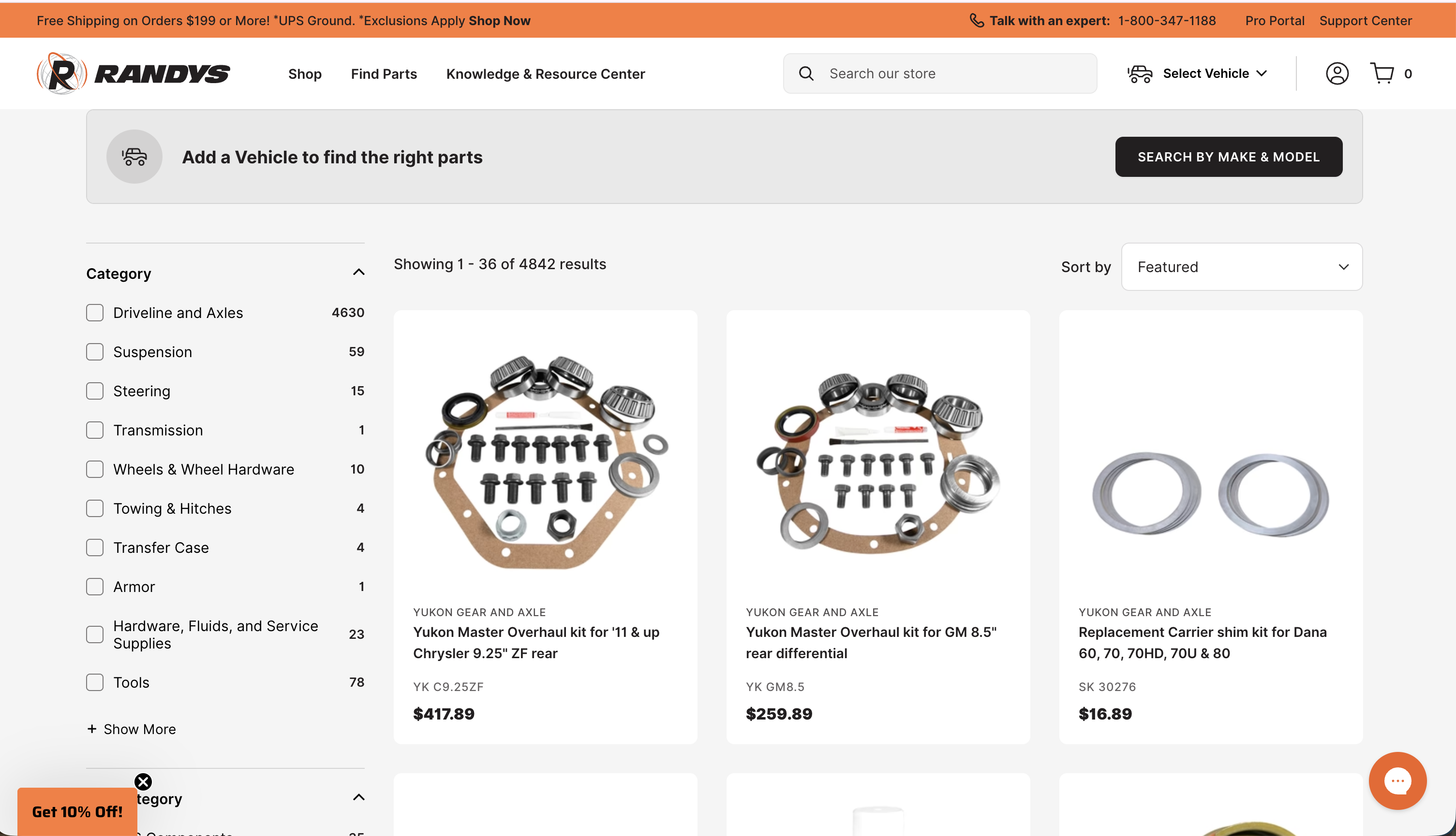 Randys auto parts shopping page displaying gear kits and bearings for sale.