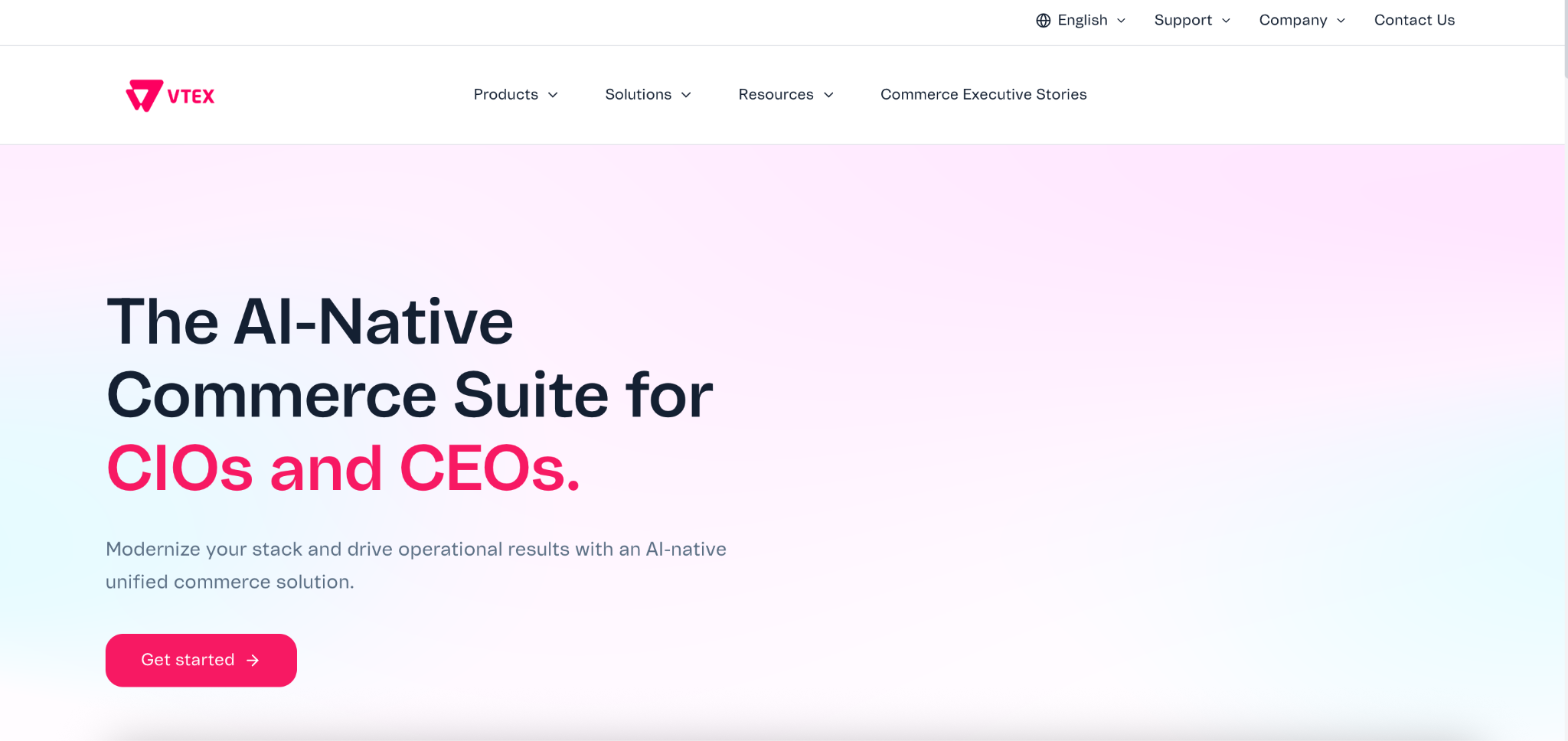 VTEX AI-Native commerce suite for CIOs and CEOs with pink gradient background.