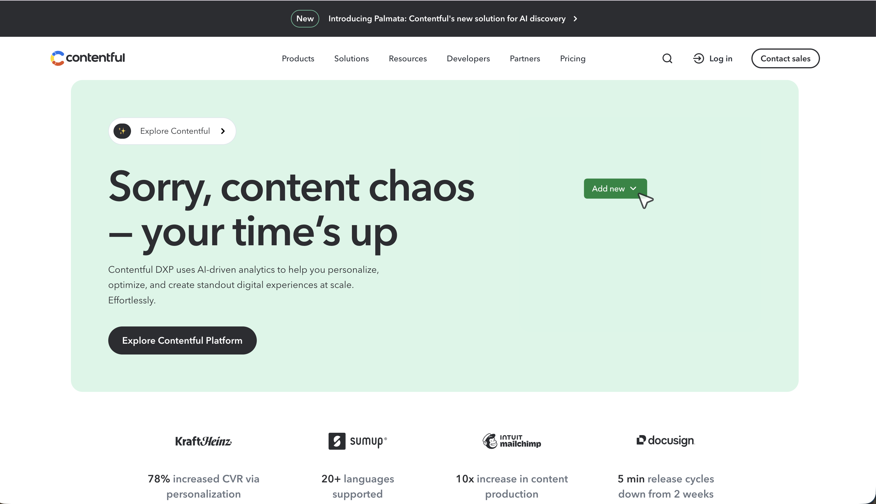 Contentful platform landing page promoting AI-driven digital experience solutions.