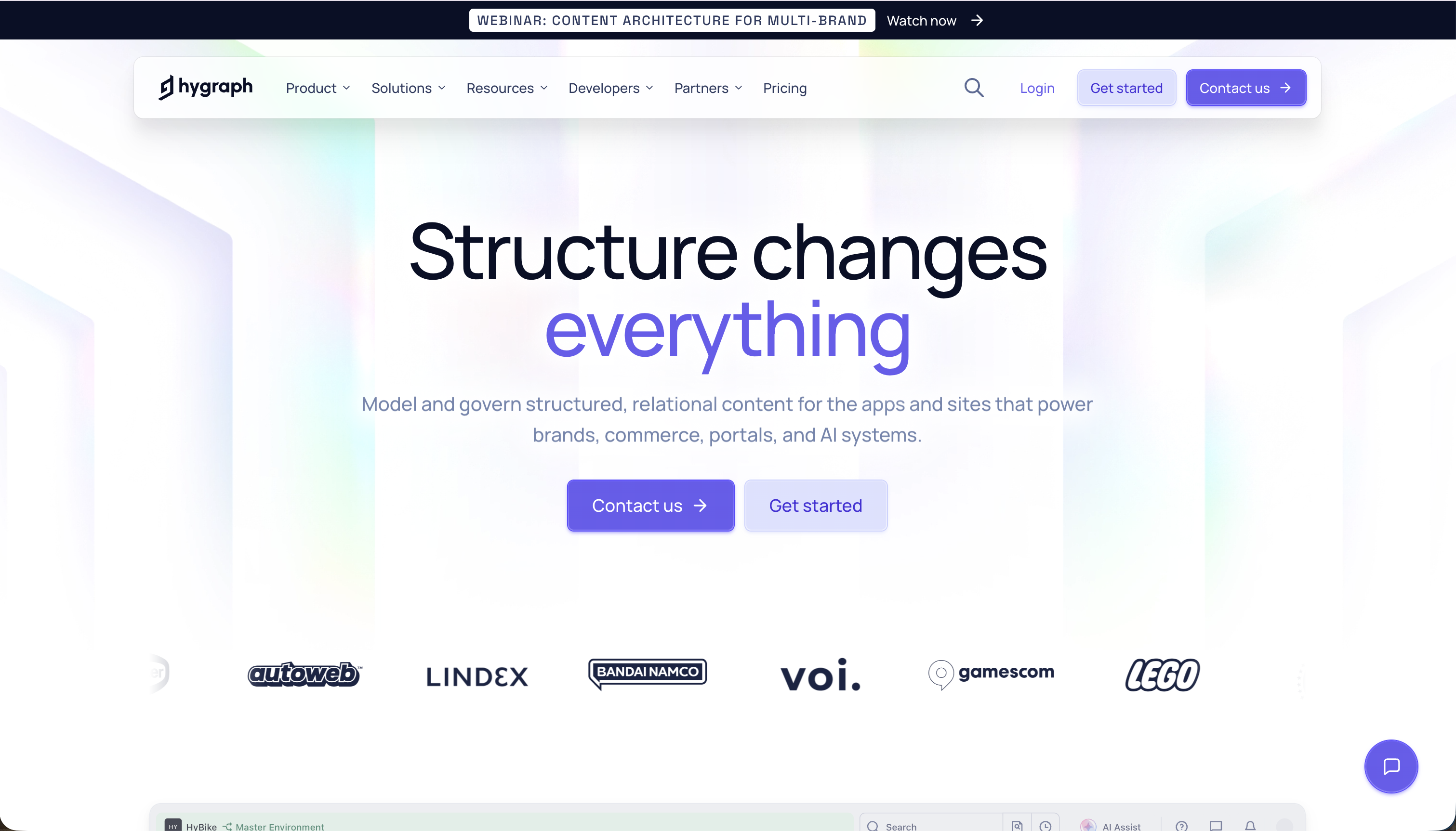 Hygraph website landing page with text 'Structure changes everything' and partner logos.