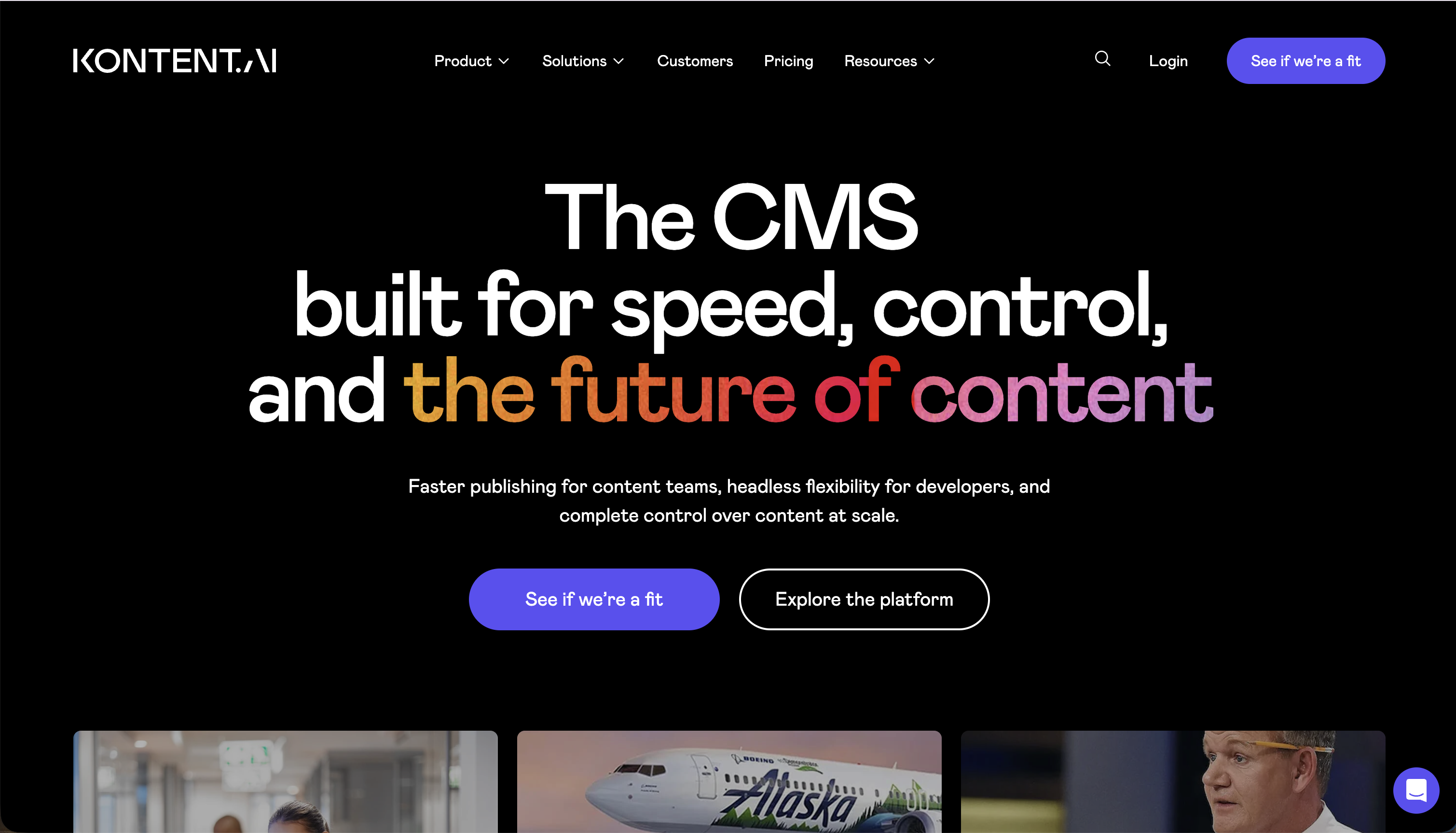 Kontent.ai CMS homepage highlighting speed, control, and future of content.