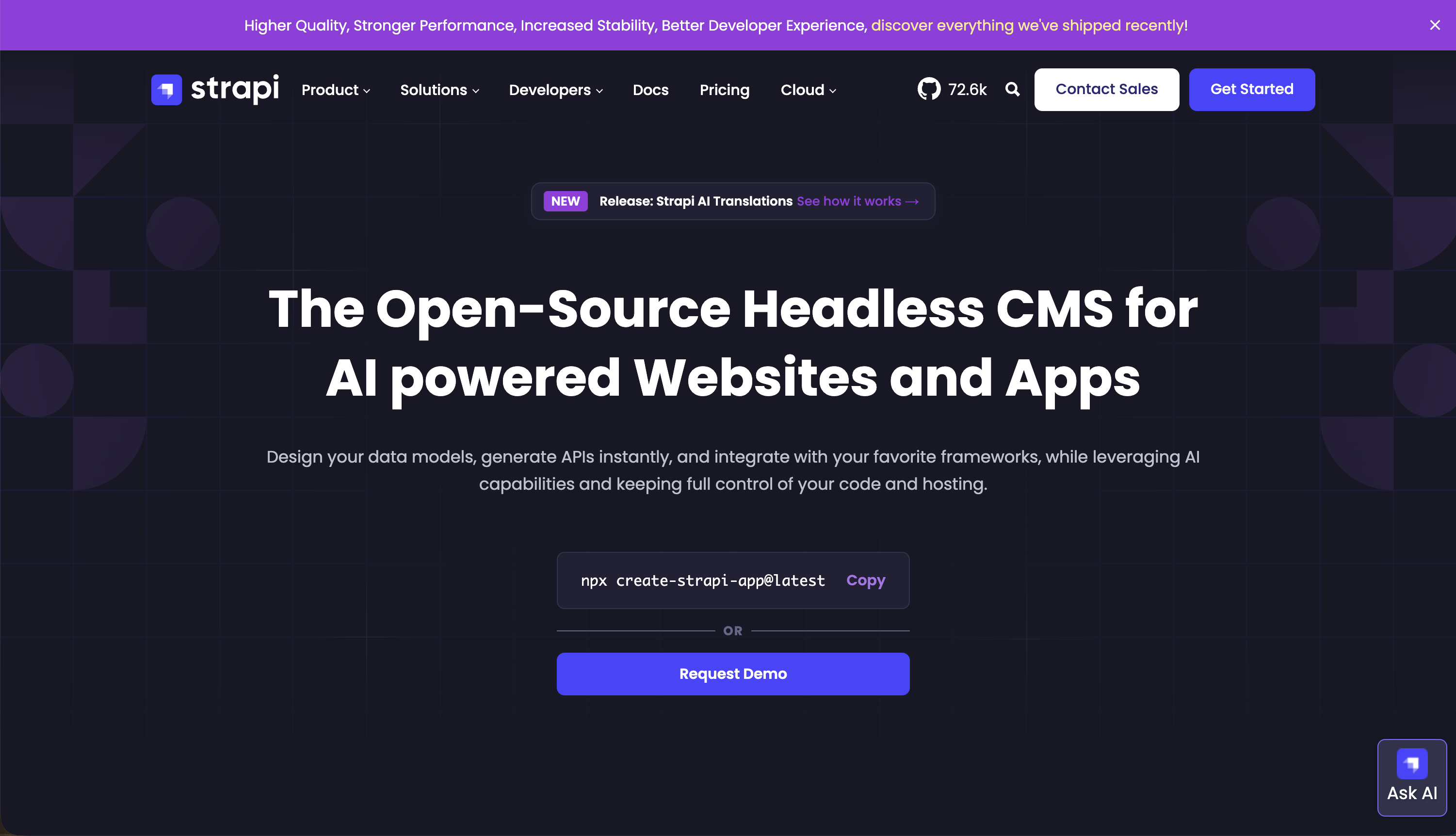 Strapi homepage showcasing open-source headless CMS for AI-powered websites and apps