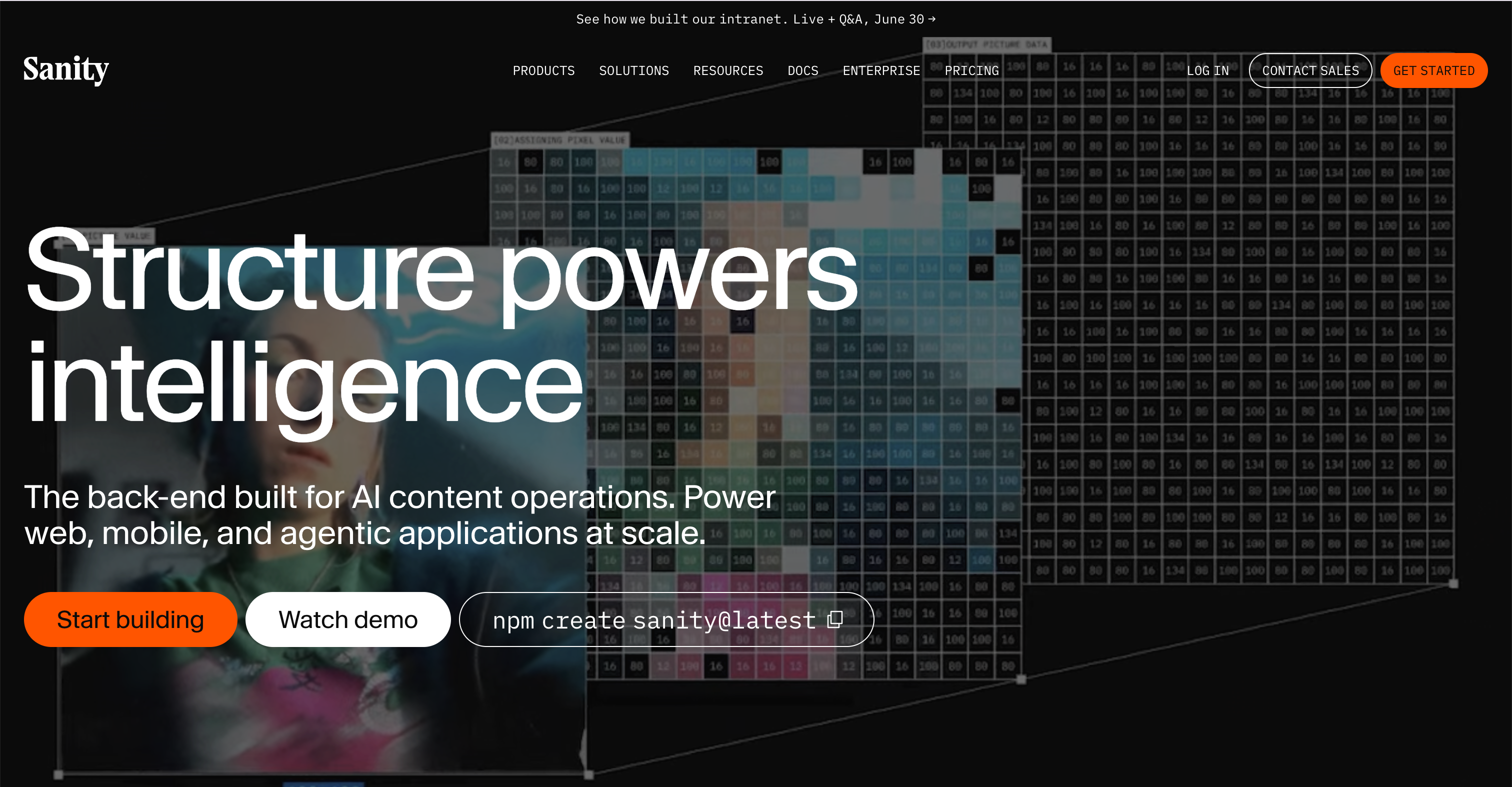 Sanity website homepage highlighting AI content operations and backend solutions