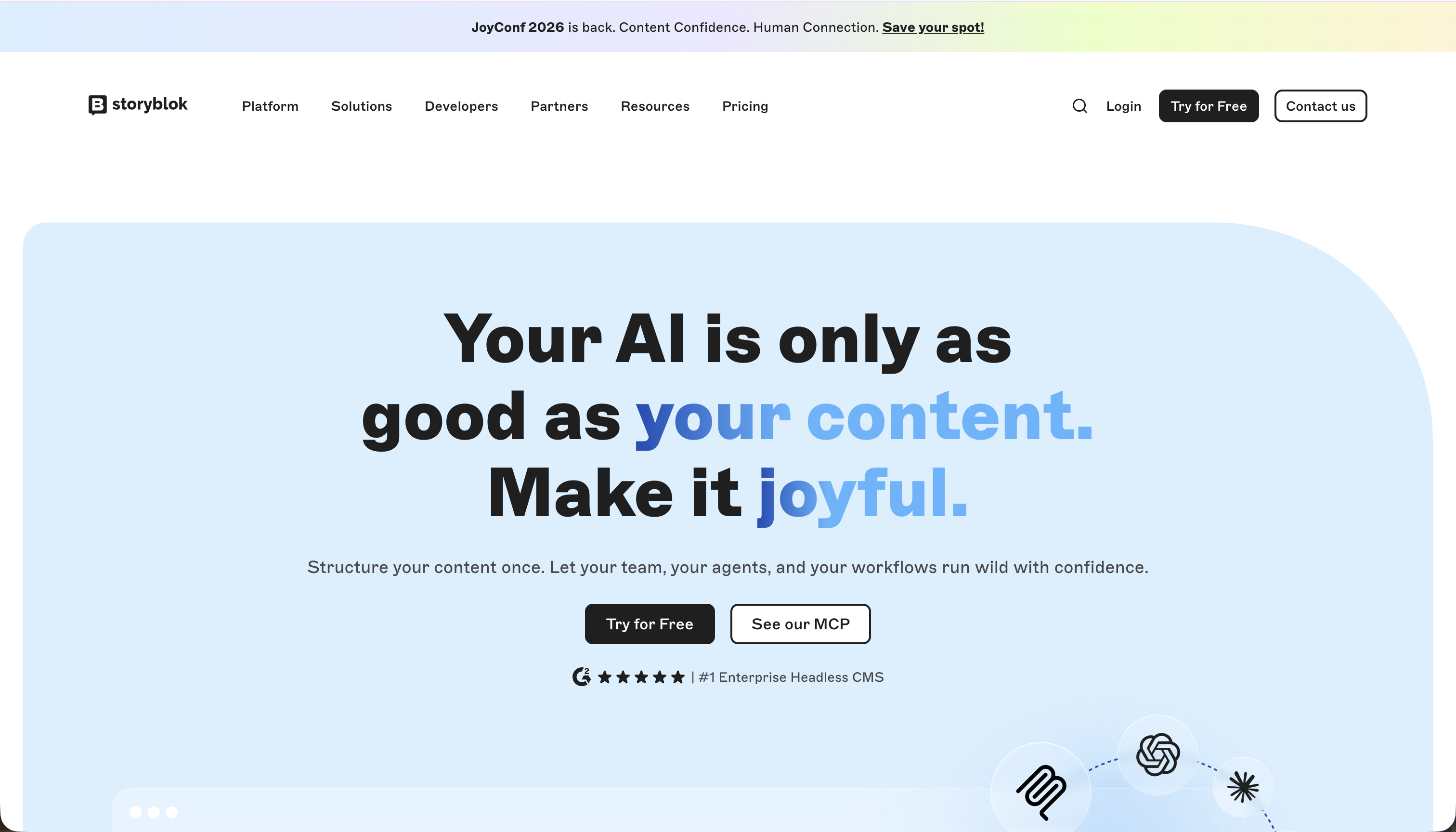 Storyblok banner promoting AI content with joyful message on light blue background.