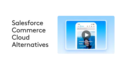 Salesforce Commerce Cloud alternatives text with mobile app preview on blue background.