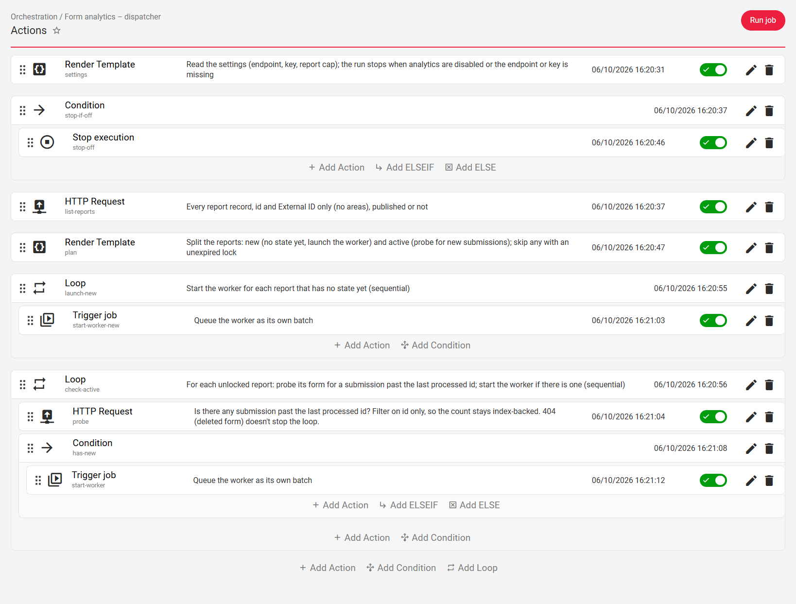 The dispatcher automation built by Claude: reads the settings, lists every report, then checks each form for new submissions and starts the worker when there are any.