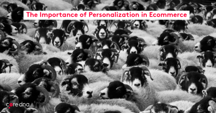 Black and white image of a crowd of sheep with text about ecommerce personalization.