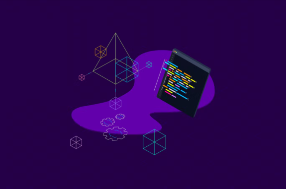 Abstract illustration of a dark coding screen with geometric shapes on a purple background.