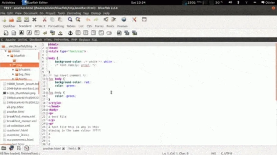 Screenshot of Bluefish editor with HTML and CSS code on Ubuntu interface.