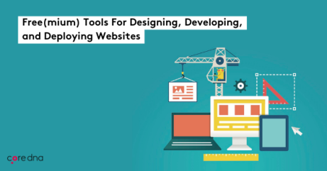 Illustration of tools for designing, developing, and deploying websites on teal background