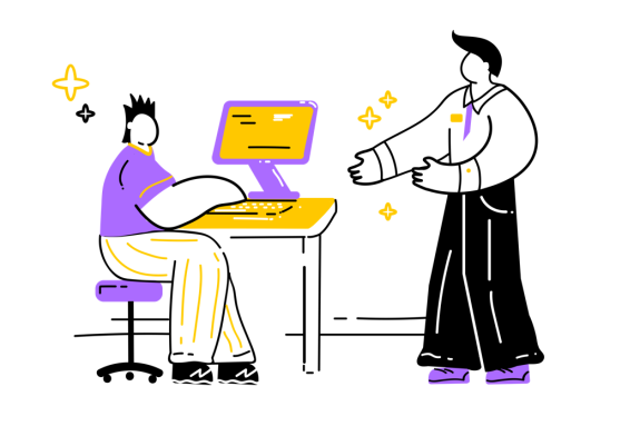 Illustration of two people in an office setting, one at a computer and another standing.