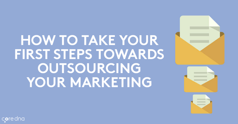 Guide on outsourcing marketing with envelopes on blue background