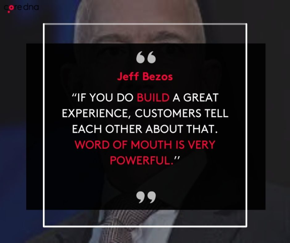 Quote about building experiences and word of mouth on a dark background.