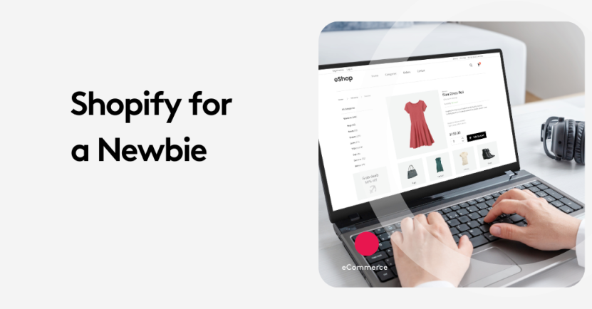 Person using a laptop with Shopify store interface, text reads 'Shopify for a Newbie'.