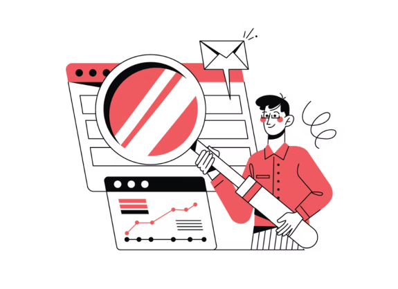 Illustration of a person analyzing data with a magnifying glass and charts.