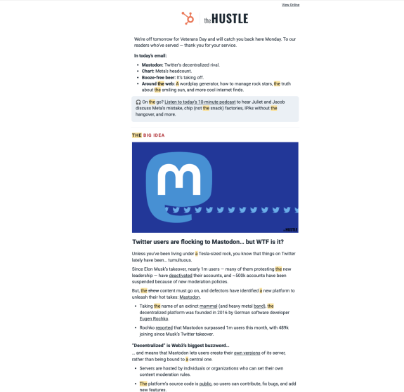 Newsletter page featuring Mastodon as Twitter's decentralized rival, with headlines and podcast link.