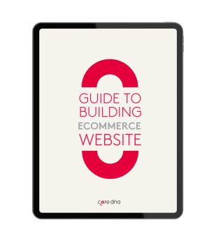 Tablet displaying cover for guide to building ecommerce website by coredna.