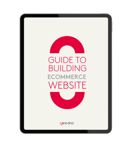 Tablet displaying cover for guide to building ecommerce website by coredna.