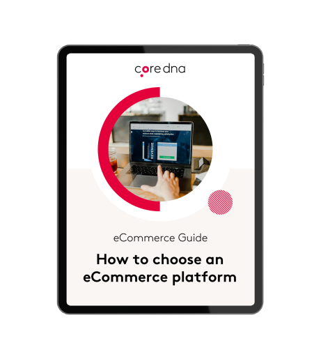 Tablet displaying eCommerce platform guide titled 'How to choose an eCommerce platform' by coredna.