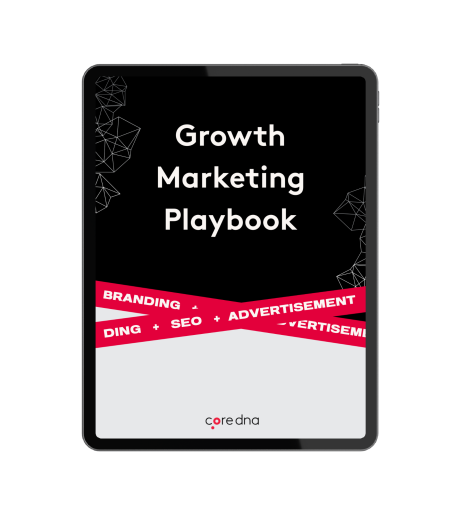 Tablet showing Growth Marketing Playbook cover with branding and SEO text.