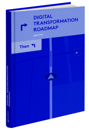 Blue book cover titled 'Digital Transformation Roadmap' with navigation icon.