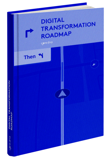 Blue book cover titled 'Digital Transformation Roadmap' with navigation icon.