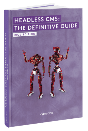 Cover of the book 'Headless CMS: The Definitive Guide' 2022 Edition with robots on a purple background.