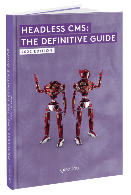 Cover of the book 'Headless CMS: The Definitive Guide' 2022 Edition with robots on a purple background.