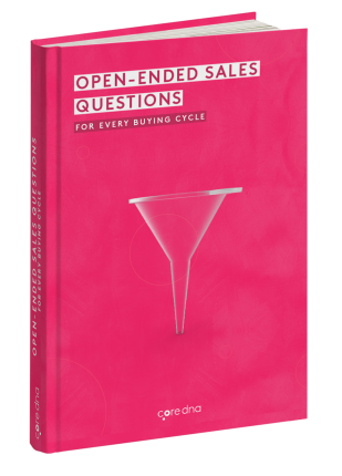 Book cover titled 'Open-Ended Sales Questions for Every Buying Cycle' with pink background and funnel graphic.