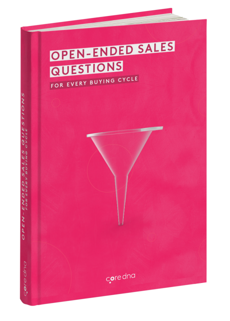 Book cover titled 'Open-Ended Sales Questions for Every Buying Cycle' with pink background and funnel graphic.