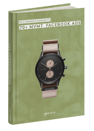 Book cover of 70+ MVMT Facebook Ads showing a stylish watch on a green background.