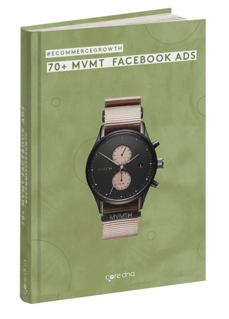 Book cover of 70+ MVMT Facebook Ads showing a stylish watch on a green background.