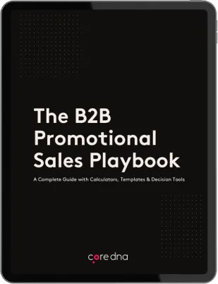 Cover of The B2B Promotional Sales Playbook by coredna, featuring a complete guide with calculators, templates, and tools.