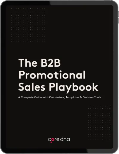 Cover of The B2B Promotional Sales Playbook by coredna, featuring a complete guide with calculators, templates, and tools.
