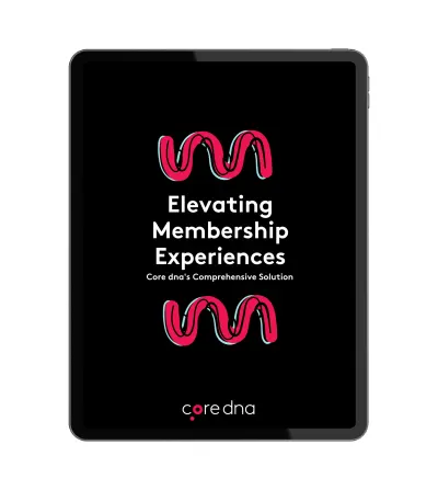 Tablet displaying 'Elevating Membership Experiences' by core dna on black background