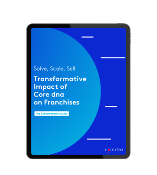 Ebook cover titled 'Transformative Impact of Core dna on Franchises' in blue and white.