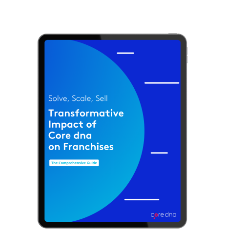 Ebook cover titled 'Transformative Impact of Core dna on Franchises' in blue and white.