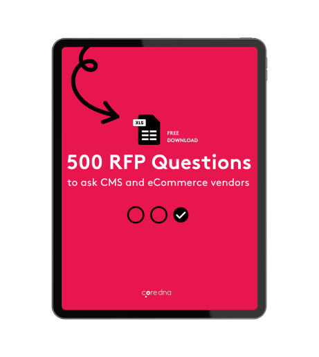 Tablet displaying 500 RFP questions for CMS and eCommerce vendors free download