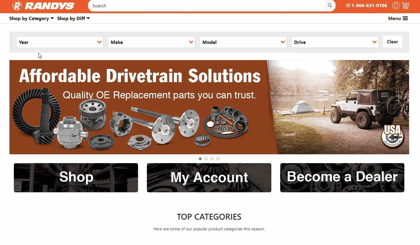 Affordable drivetrain solutions banner with car parts and camping scene.