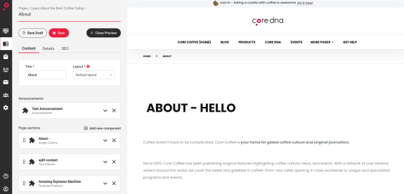 Core Coffee about page editor view with content and layout options