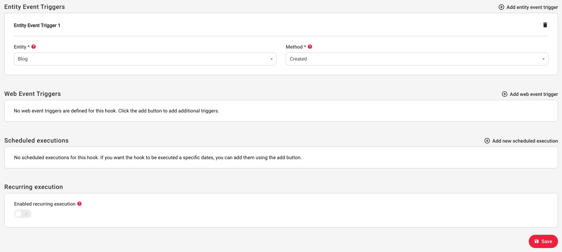 Screenshot of entity event triggers and web hooks scheduler setup interface