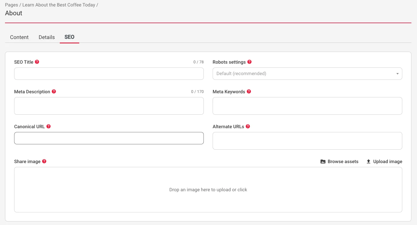 SEO settings page for a coffee website with fields for title, description, and keywords.