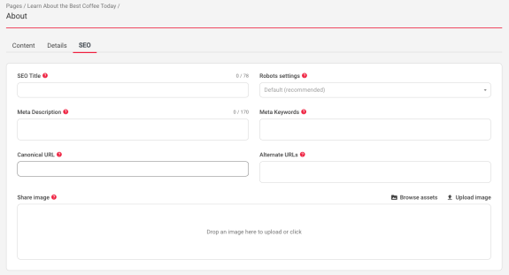 SEO settings page for a coffee website with fields for title, description, and keywords.