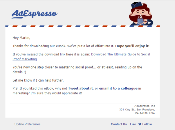 AdEspresso thank you email with eBook download prompt and social sharing options.