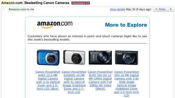 Amazon email showcasing bestselling Canon cameras with models and features.