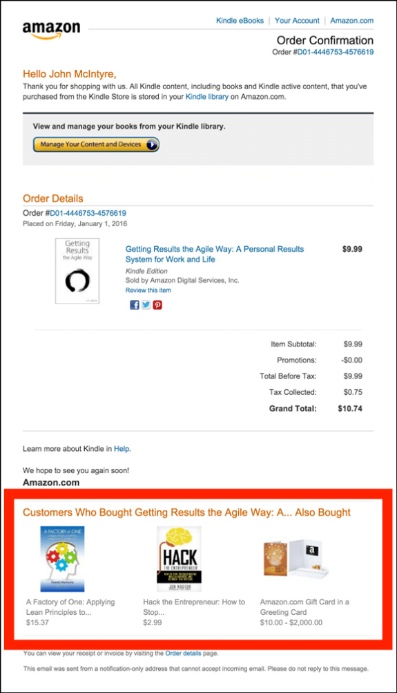 Amazon order confirmation email for Kindle purchase of 'Getting Results the Agile Way.'