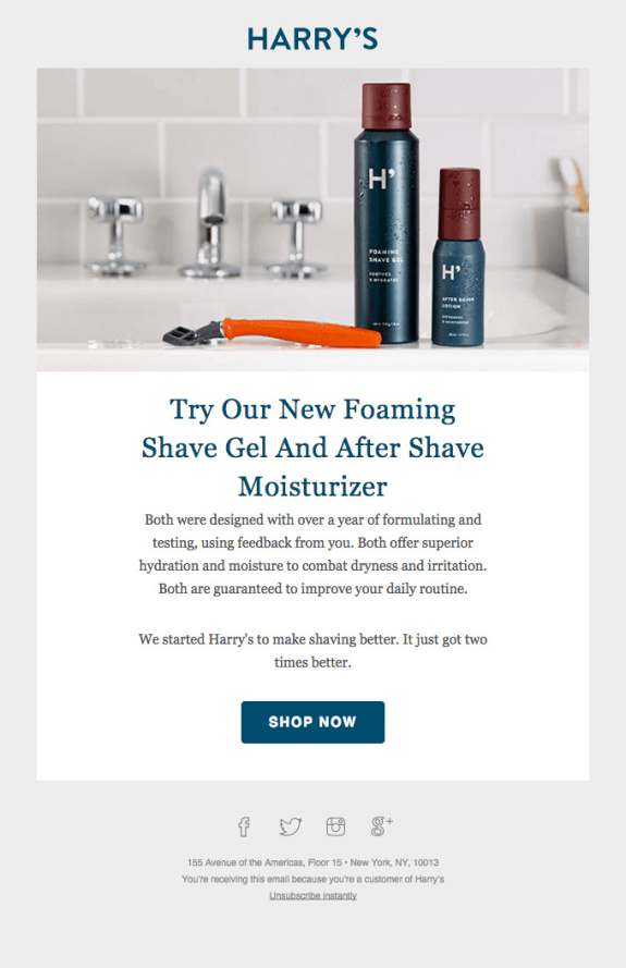 Harry's foaming shave gel and aftershave lotion on bathroom counter with razor.