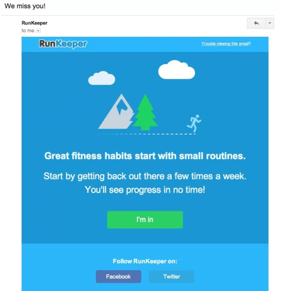 RunKeeper email promoting fitness habits with a mountain and runner icon.