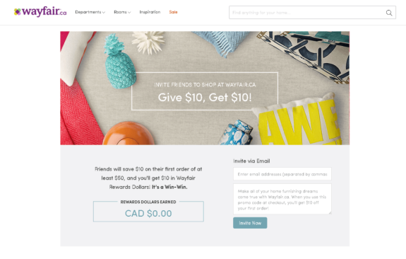 Wayfair promotion offering $10 discount for inviting friends.